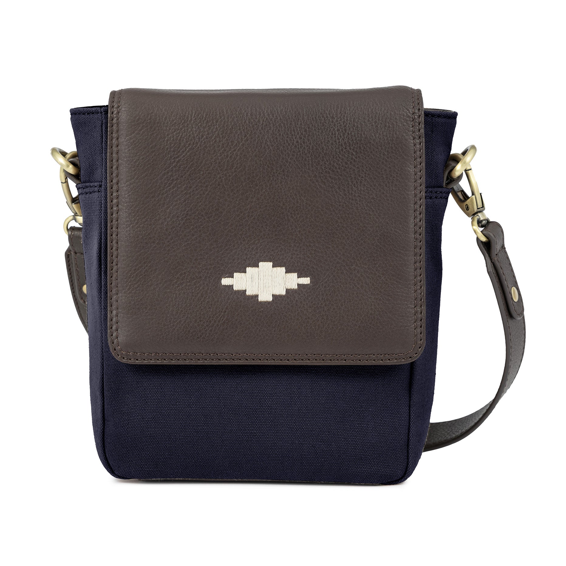 Bandolera Crossbody Bag - Brown Leather and Navy Canvas