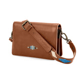 Estilo crossbody bag - tan leather with light blue, light brown and cream stitching