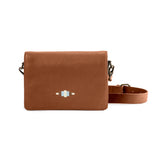Estilo crossbody bag - tan leather with light blue, light brown and cream stitching
