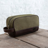 Hombre Washbag - Brown Leather and Forest Canvas with Dark Green Stitching