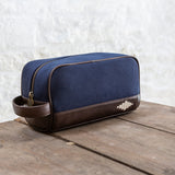 Hombre Washbag - Brown Leather and Navy Canvas with Cream Stitching