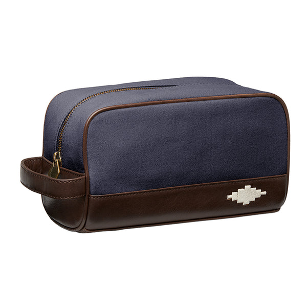 Hombre washbag - brown leather and navy canvas with cream stitching