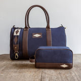 Hombre Washbag - Brown Leather and Navy Canvas with Cream Stitching